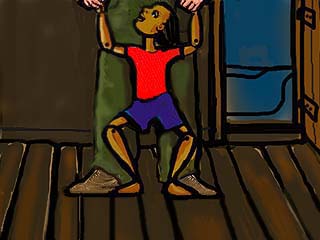 As soon as he gets home, Geppetto fashions the Marionette and calls it Pinocchio. Toubles soon follow. 
