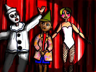 The Marionettes welcome Pinocchio with loud cheers, but the Director, Fire Eater, does not. 