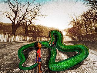 Freed from prison, Pinocchio sets out to return to the Fairy; but on the way he meets a Serpent and later is caught in a trap .
